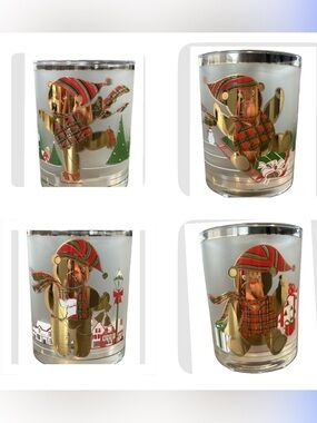 VTG 80s Culver Yule Bear Christmas lowball whiskey rocks glasses 22kt gold plate